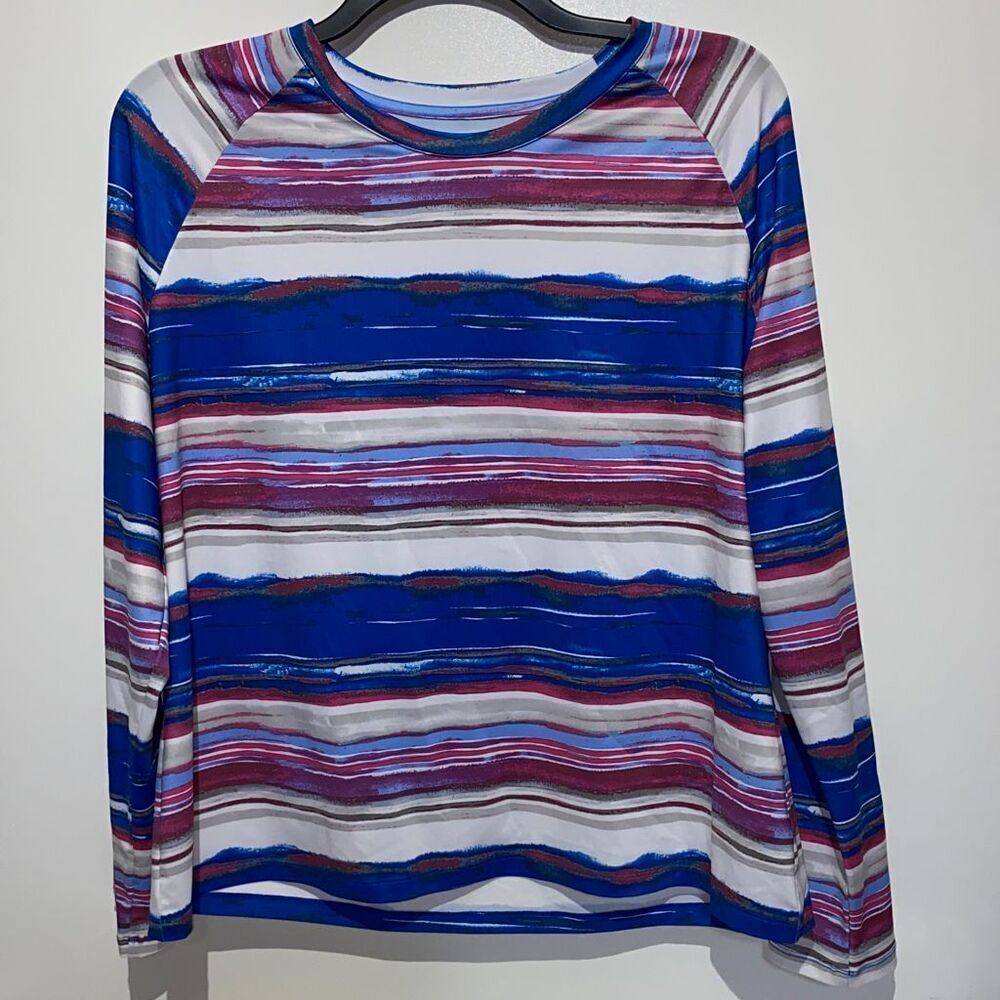 Coral Bay Energy Womens XL Blue Pink Watercolor Stripe Long Sleeve Athletic Top